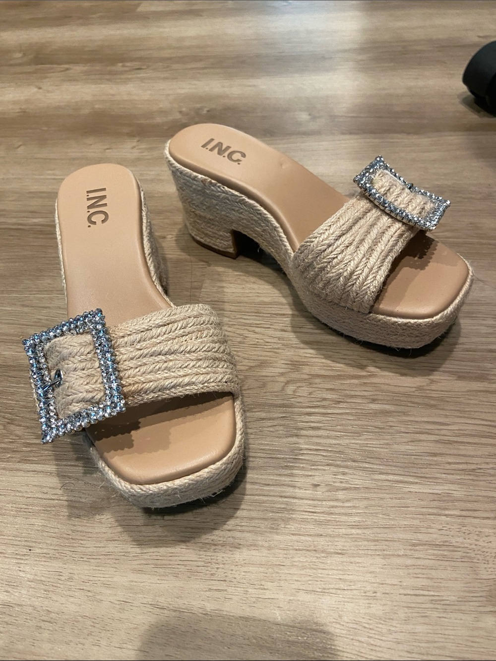 INC International Concepts Beige/Rope Wedge Slide Sandals with Crystal Buckles